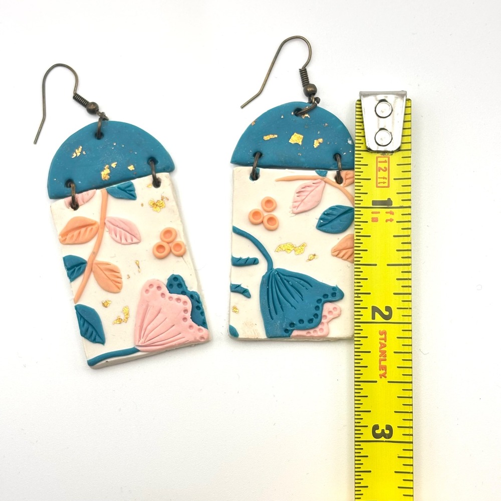 Handmade‎ Polymer Clay Peach Teal Floral Gold Flecks Rectangular Dangle Earrings - Picture 3 of 5
